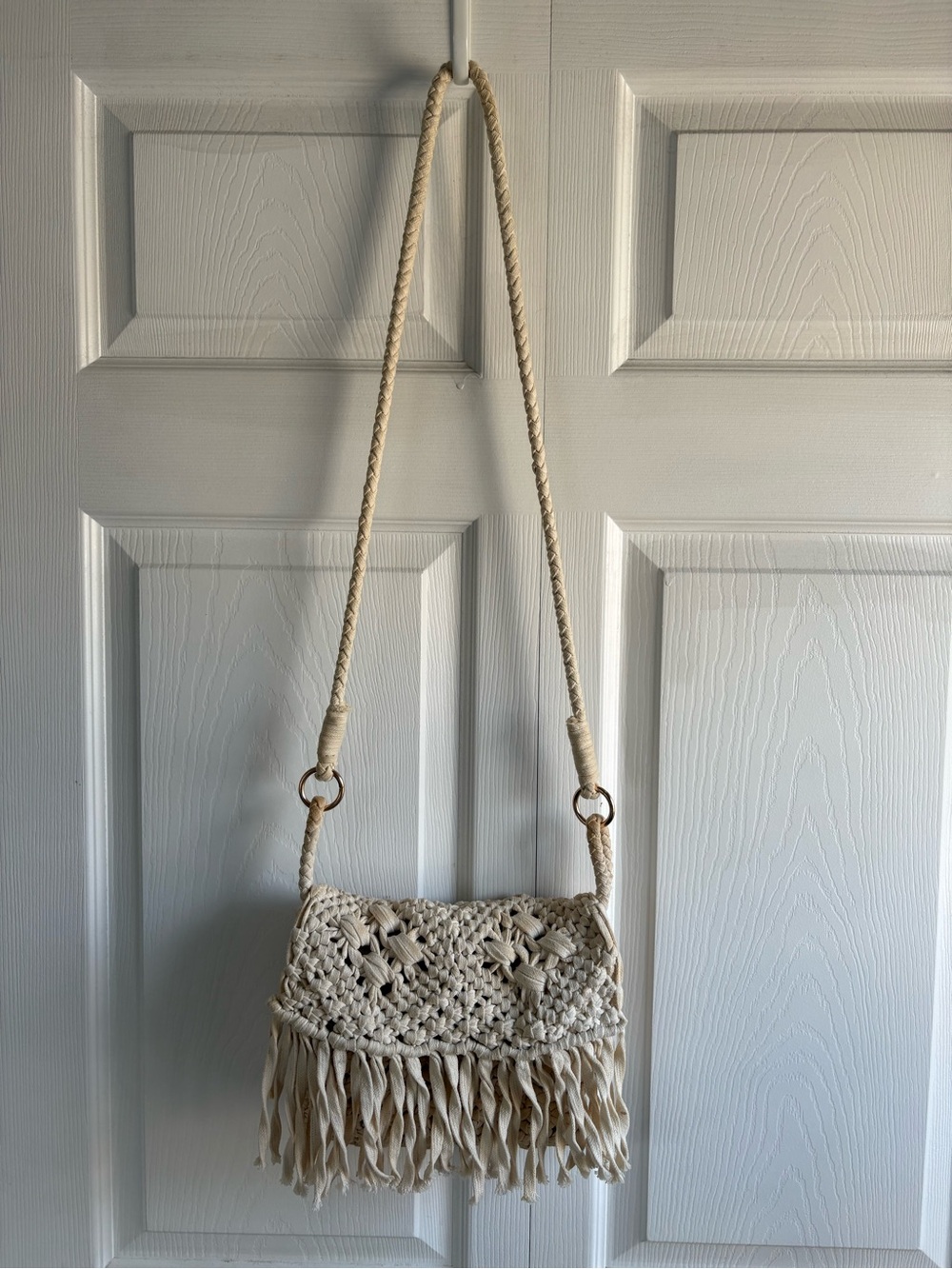 Mossimo Crochet Macrame Fringe Crossbody Bag Tan Beige Boho Hippie Festival